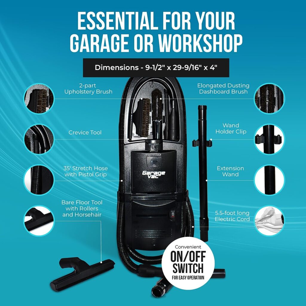 InterVac Design Corp InterVac Garage Vacuum Cleaner for Workshop, 1 Gallon Garage Vacuum Wall Mounted, Stretch Hose Shop Vacuum for RVs, Boats, Cabins and Utility Rooms, GarageVac (Black)