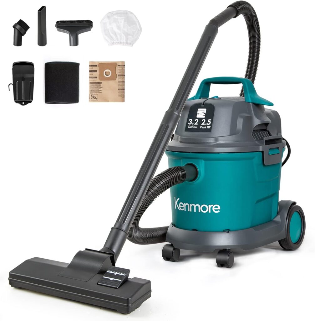 Kenmore KW3030 Wet Dry Canister 3.2 Gallon 2.5 Peak HP Shop Vacuum Cleaner with Extension Wands Tool Storage Wall Bracket for Garage, Car, Home Workshop, Green