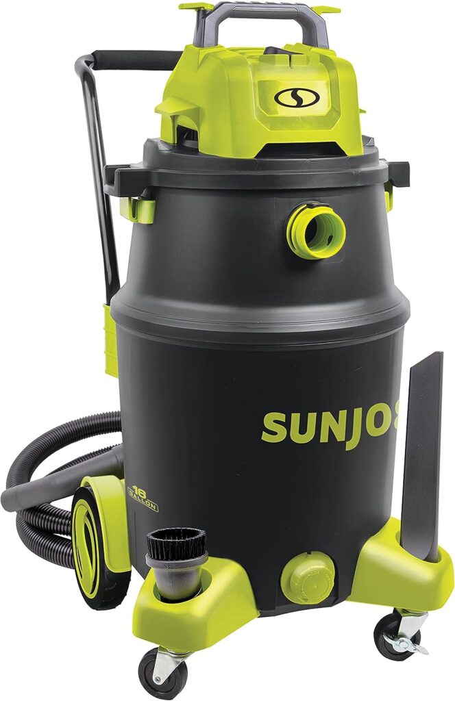 Sun Joe SWD16000 16-Gallon 1200-Watt 6.5 Peak HP Wet/Dry Shop Vacuum, HEPA Filtration, Wheeled w/Cleaning Attachments, for Home, Workshops, Pet Hair and Auto Use, 16 Gallon, Black/Green