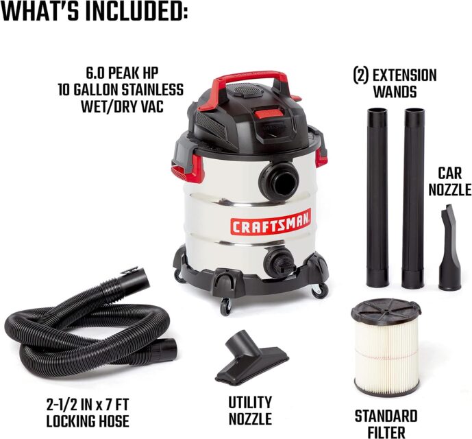 CRAFTSMAN CMXEVBE17155 10 Gallon 6.0 Peak HP Stainless Steel Wet/Dry Vac, Portable Shop Vacuum with Attachments
